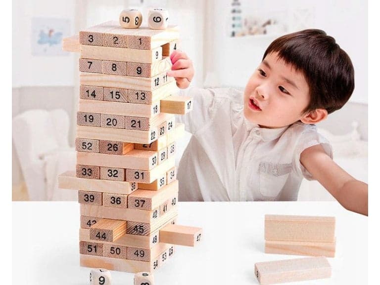 Drewniana Gra Zręcznościowa Chwiejąca Wieża – 54 Klocki + Kostki jenga yenga