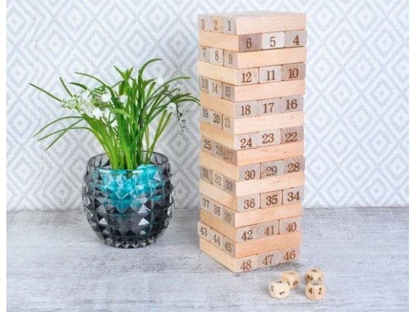 Drewniana Gra Zręcznościowa Chwiejąca Wieża – 54 Klocki + Kostki jenga yenga