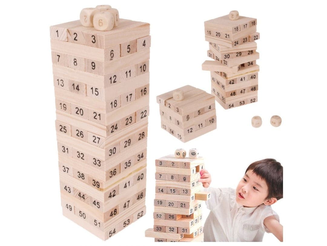 Drewniana Gra Zręcznościowa Chwiejąca Wieża – 54 Klocki + Kostki jenga yenga